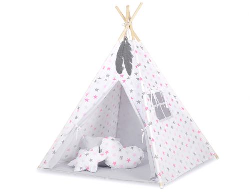 Teepee tent for kids + playmat + pillows + decorative feathers - Stars pink-grey/grey