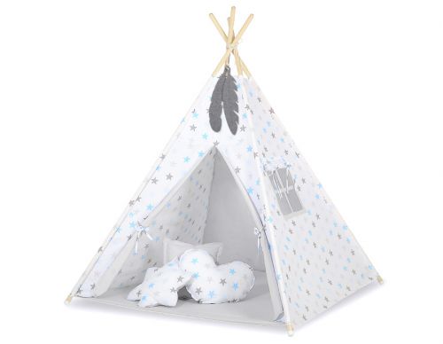 Teepee tent for kids + decorative feathers - Grey-blue stars/grey
