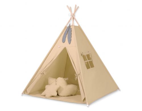 Teepee tent for kids + playmat + pillows + decorative feathers - beige