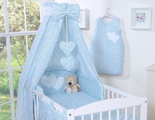 Bedding set 5-pcs with canopy- Hanging Hearts little blue flowers
