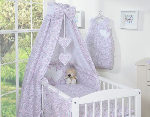 Bedding set 5-pcs with canopy- Hanging Hearts little pink flowers