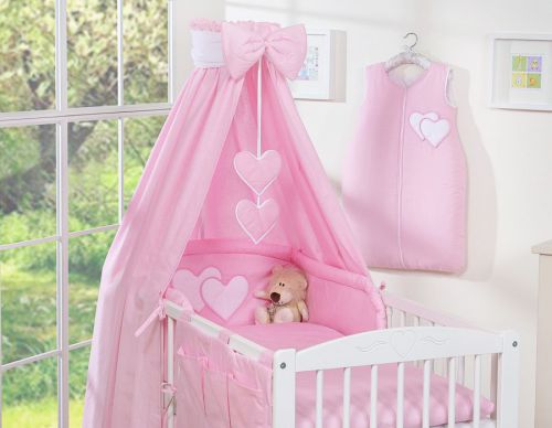 Bedding set 5-pcs with canopy- Hanging Hearts pink