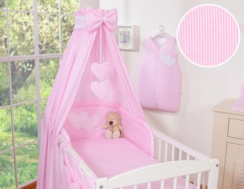 Bedding set 5-pcs with canopy- Hanging Hearts pink strips