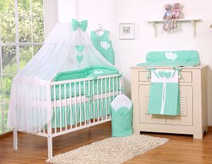 Bedding set 5-pcs with mosquito-net- Hanging Hearts white dots on mint