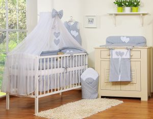 Bedding set 5-pcs with mosquito-net- Hanging Hearts white polka dots on grey