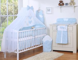 Bedding set 5-pcs with mosquito-net- Hanging Hearts little blue flowers