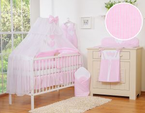 Bedding set 5-pcs with mosquito-net- Hanging Hearts pink strips