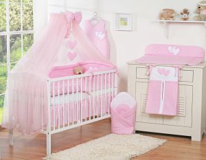 Bedding set 5-pcs with mosquito-net- Hanging Hearts pink
