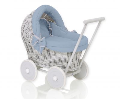 Wicker doll pushchair grey with pastel blue bedding and soft padding