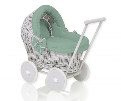 Wicker doll pushchair grey with pastel green bedding and soft padding
