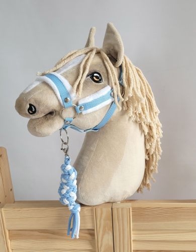 Set for Hobby Horse: the halter A3 with white furry + Tether made of cord - white-light blue