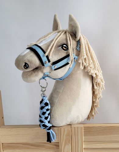 Set  für Hobby Horse: Die Halfter A3 mit schwarzer Pelz + Halfter aus Kordel - schwarz-hellblau