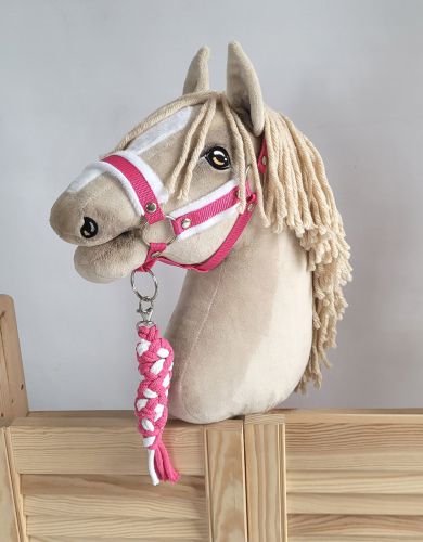 Set  für Hobby Horse: Die Halfter A3 mit weißem Pelz + Halfter aus Kordel -weiß-dunkelrosa