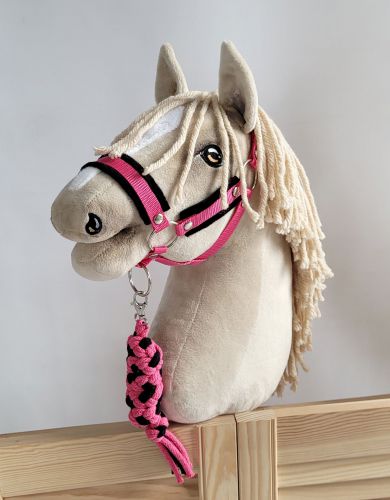 Set for Hobby Horse: the halter A3 with black furry + Tether made of cord - black-dark pink