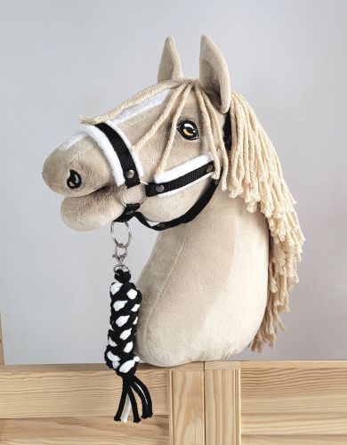 Set für Hobby Horse: Die Halfter A3 mit weißem Pelz + Halfter aus Kordel -weiß-schwarz