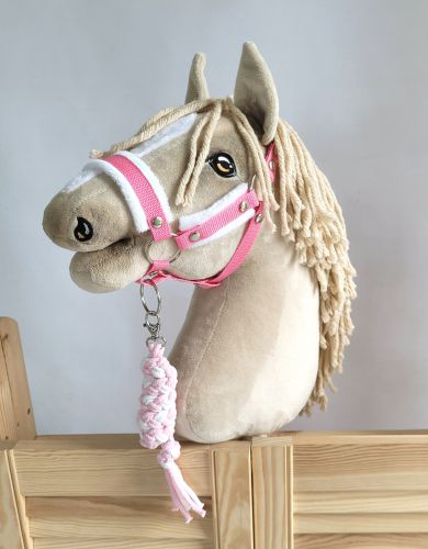 Set  für Hobby Horse: Die Halfter A3 mit weißem Pelz + Halfter aus Kordel - weiß-rosa
