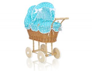 Wiklinowy wózek dla lalek wysoki z turkusową pościelką i wyściółką- naturalny