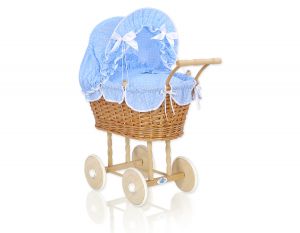 Wiklinowy wózek dla lalek wysoki z pościelką i wyściółką- naturalny