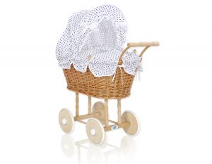 Wiklinowy wózek dla lalek wysoki z biało-granatową pościelką i wyściółką- naturalny