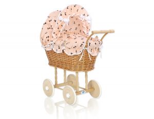 Wiklinowy wózek dla lalek wysoki z brzoskwiniową pościelką i wyściółką- naturalny
