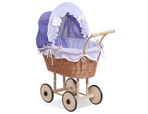 Wiklinowy wózek dla lalek wysoki z fioletową pościelką i wyściółką- naturalny