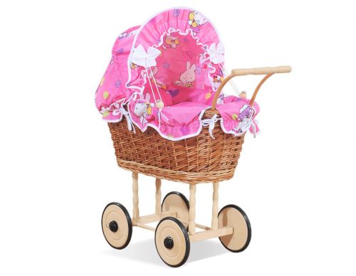 Puppenwagen aus Korbgeflecht mit pink Bettzeug und Polsterung - natur