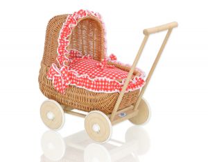 Wiklinowy wózek dla lalek pchacz z pościelką czerwoną - naturalny