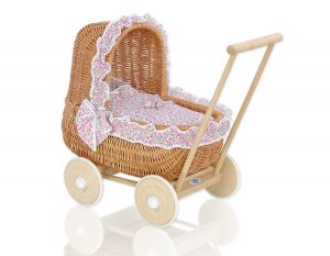 Wiklinowy wózek dla lalek pchacz z pościelką różową - naturalny