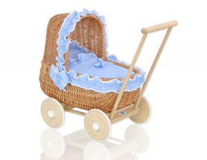 Wiklinowy wózek dla lalek pchacz z pościelką błękitną - naturalny