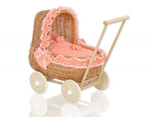 Wiklinowy wózek dla lalek pchacz z pościelką brzoskwiniową - naturalny