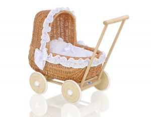 Wicker doll pushchair with bedding white - natural