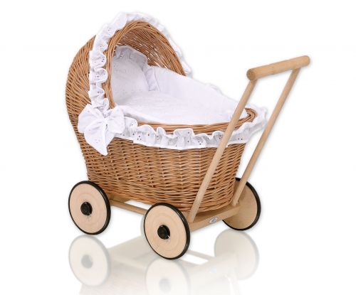 Wiklinowy wózek dla lalek pchacz z białą haftowaną pościelką i miękką wyściółką - naturalny