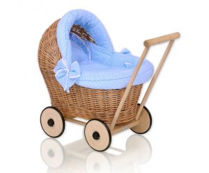 Wiklinowy wózek dla lalek pchacz z pościelką i miękką wyściółką- naturalny