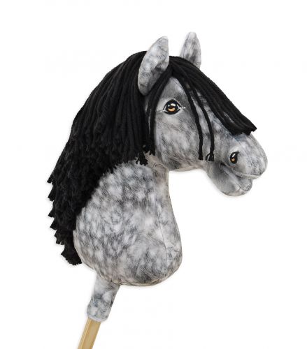 Hobby Horse Steckenpferd Pferd am Stiel Premium - Apfelschimmel Pferd mit schwarzer Mähne A3