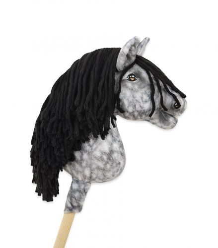 Hobby Horse Steckenpferd Pferd am Stiel Premium - Apfelschimmel Pferd mit schwarzer Mähne A4