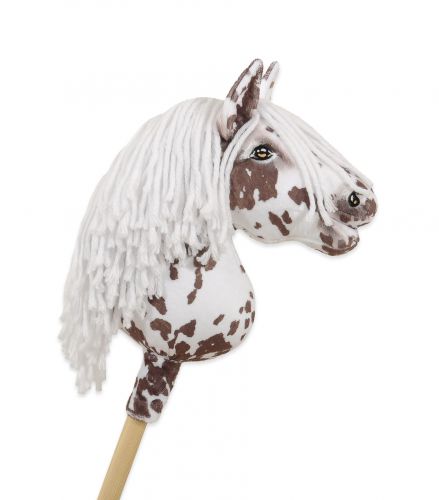 Hobby Horse Steckenpferd Pferd am Stiel Premium - brauner Leopard Pferd mit weißen Mähne A4