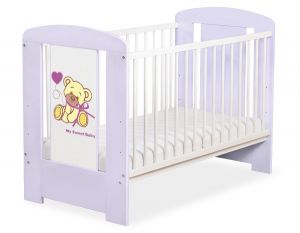 Drewniane łóżeczko dla niemowląt 120x60cm Miś z kokardką biało-fioletowe