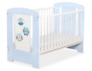 Drewniane biało-niebieskie łóżeczko dla niemowląt 120x60cm Sówki brązowo-niebieskie