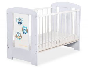 Drewniane biało-szare łóżeczko dla niemowląt 120x60cm Sówki niebiesko-brązowe