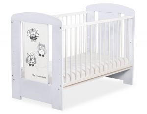 Drewniane biało-szare łóżeczko dla niemowląt 120x60cm Sówki szare