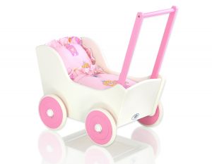 Drewniany wózek dla lalek pchacz Mila biało-różowy z różową pościelką dla lalek
