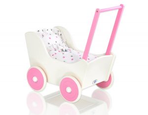 Drewniany wózek dla lalek pchacz Mila biało-różowy z biało-różową pościelką dla lalek