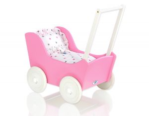 Drewniany wózek dla lalek pchacz Mila różowy z białą pościelką dla lalek