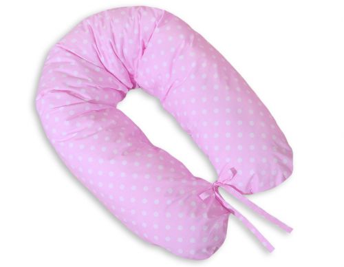 Poduszka ciążowa Longer dla kobiet w ciąży do spania - Białe grochy na różowym tle