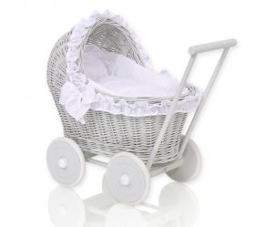 Wiklinowy wózek dla lalek pchacz szary z białą haftowaną pościelką i miękką wyściółką