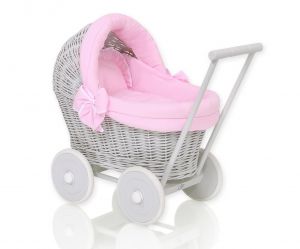 Wiklinowy wózek dla lalek pchacz szary z różową pościelką i miękką wyściółką