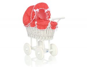 Wiklinowy wózek dla lalek wysoki z czerwoną pościelką i wyściółką- biały