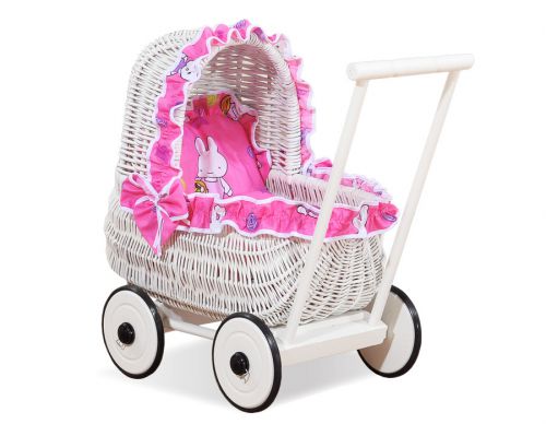 Wiklinowy wózek dla lalek pchacz biały z pościelką różową