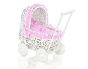 Wiklinowy wózek dla lalek pchacz biały z pościelką różową