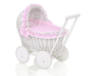 Wiklinowy wózek dla lalek pchacz biały z różową pościelką i miękką wyściółką